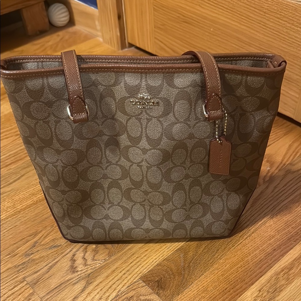 Coach Brown Signature Canvas Tote with Tan Leather Trim